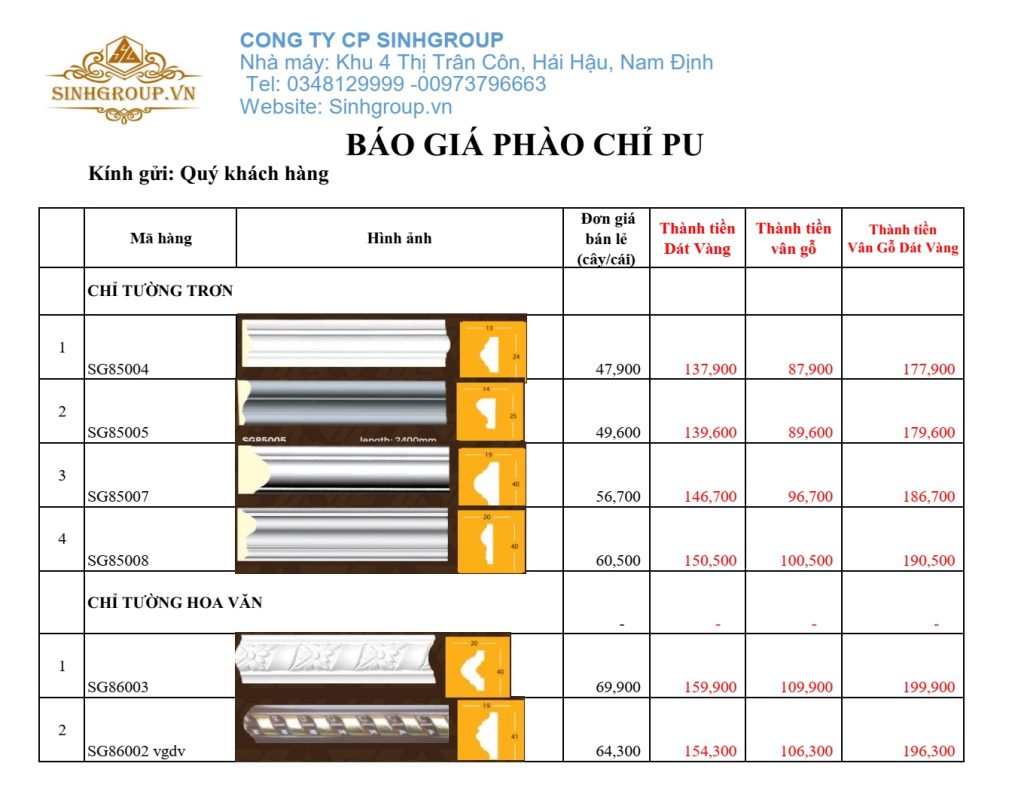 Bảng giá phào chỉ ốp tường nhựa pu trang trí
