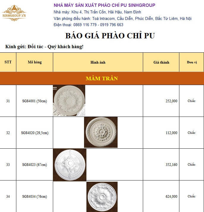Bảng báo giá mâm trần pu SinhGroup (Bảng giá bán lẻ, chưa bao gồm VAT và chính sách hỗ trợ)