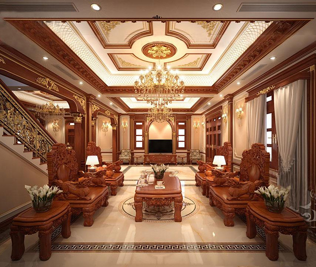 Phào chỉ trần nhà màu nâu vân gỗ cho phòng khách của căn biệt thự rộng lớn và quyền lực