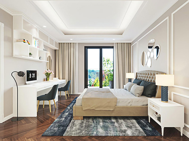 Phào chỉ trần nhà và tường màu trắng đơn giản nhưng không kém phần tinh tế cho căn phòng ngủ hiện đại